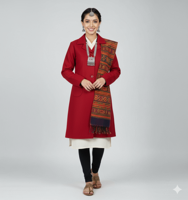 Women's Elegant Woolen Long Coat | Formal Winter Overcoat with Collar (Himachali Style)
