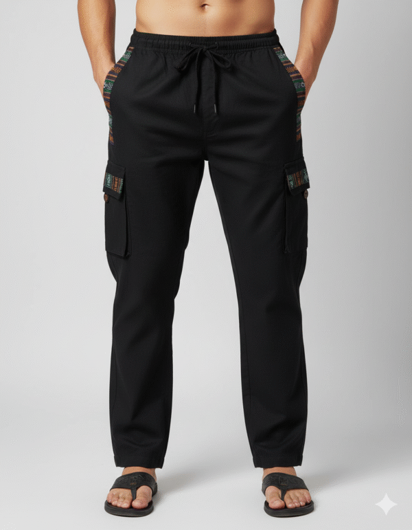 Himachali Woven Pattern Wool Cargo Pants | Unisex Black Warm Winter Trousers