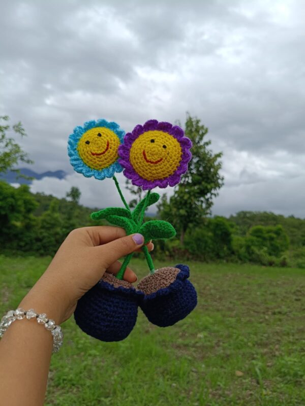 Handmade Crochet Smiley Flower Bouquet in Mini Pots | Everlasting Happy Face Gift