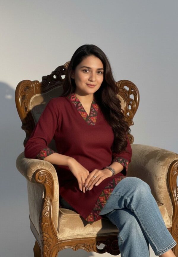 Maroon Woolen Straight Kurta with Floral Embroidered Border Detailing