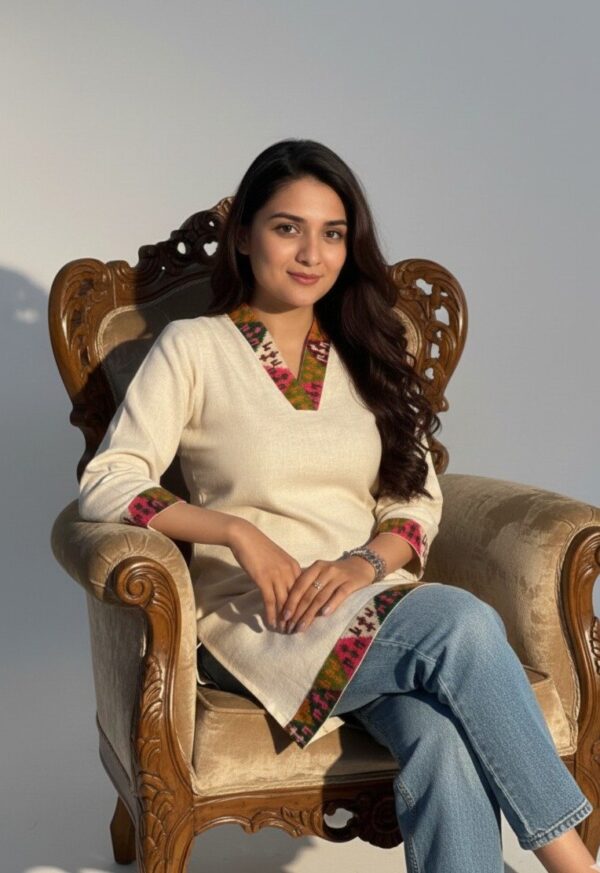 Women’s Cream Embroidered V-Neck Short Kurti Top