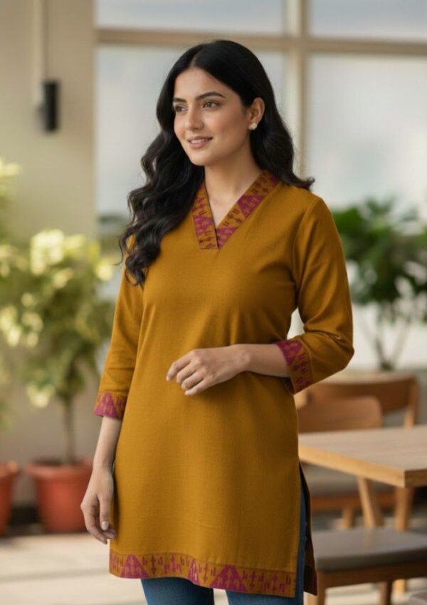 Women’s Mustard Yellow Straight Kurti with Ethnic Trim Detailing