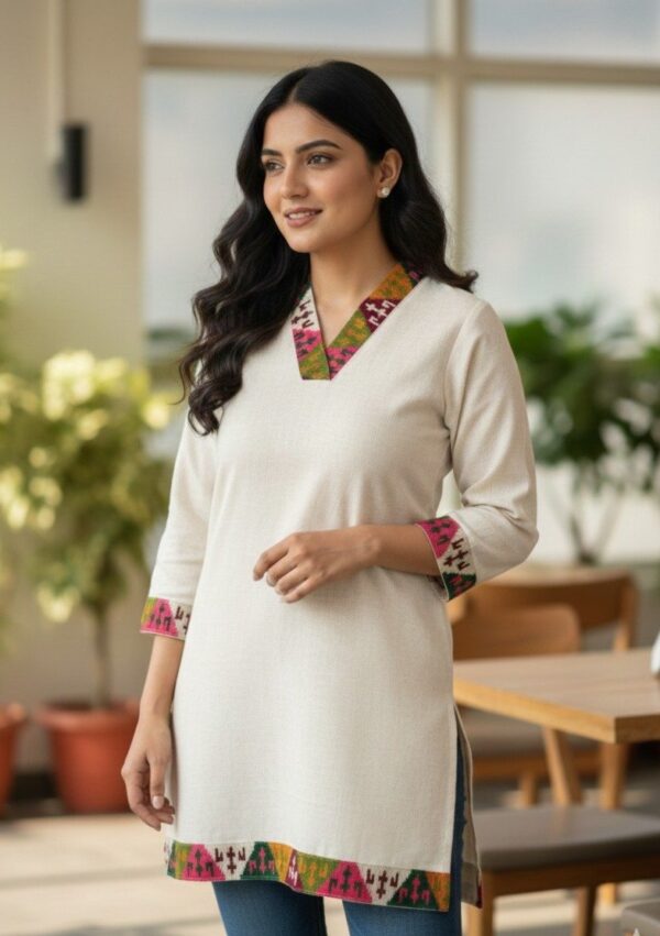 Women’s Beige Ethnic Kurti with Printed V-Neckline and Border Details