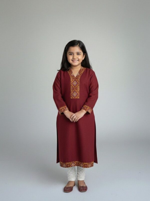 Girls Maroon Embroidered Kurta Set with Printed Neck and Cuff Detailing