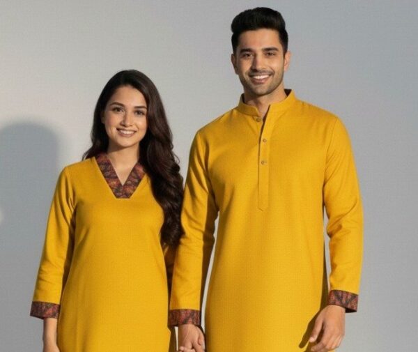 Men & Women Mustard Yellow Solid Kurta Set | Elegant Ethnic Wear for Couple